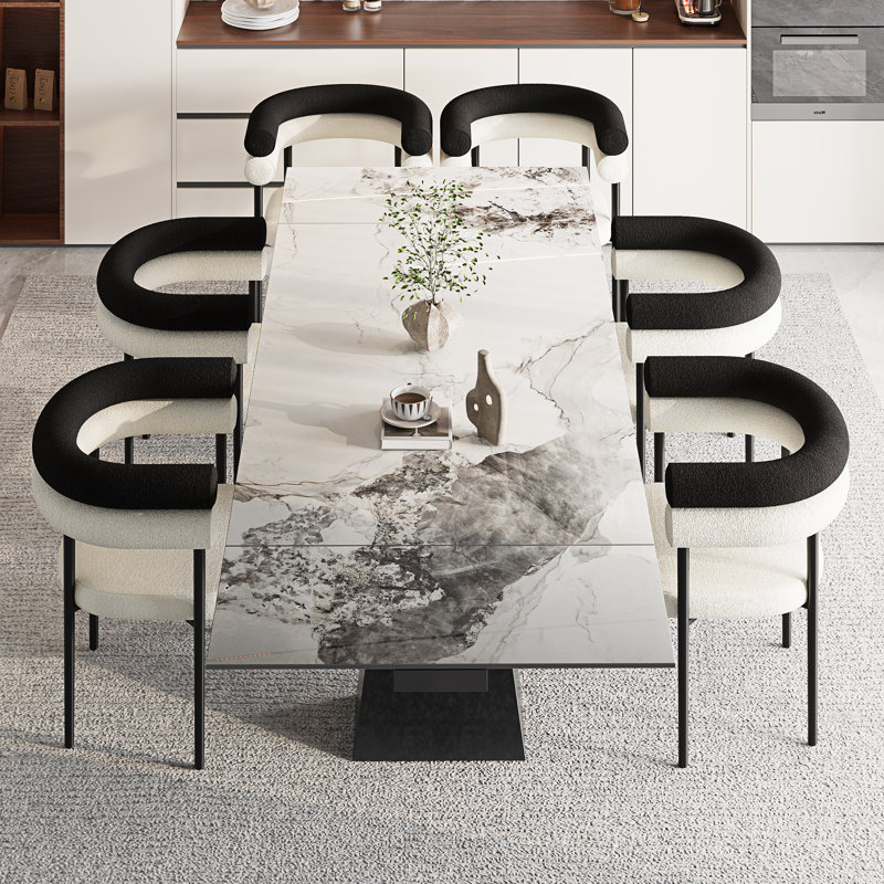 94.5'' Extendable Sintered Stone Dining Table With Upholstered Fabric Armchairs Dining Set, 7 Pieces: Table, 6 Chairs, Chanel