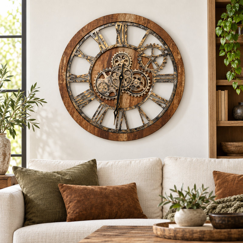Horloge murale ronde surdimensionnée de 24 po pour le salon avec la collection America, Brun rétro