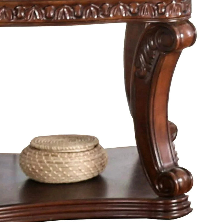 Table de bout de style traditionnel au fini chêne foncé orné de détails sculptés avec plateau en verre de 5 mm et table basse avec pieds en cabriole - non inclus