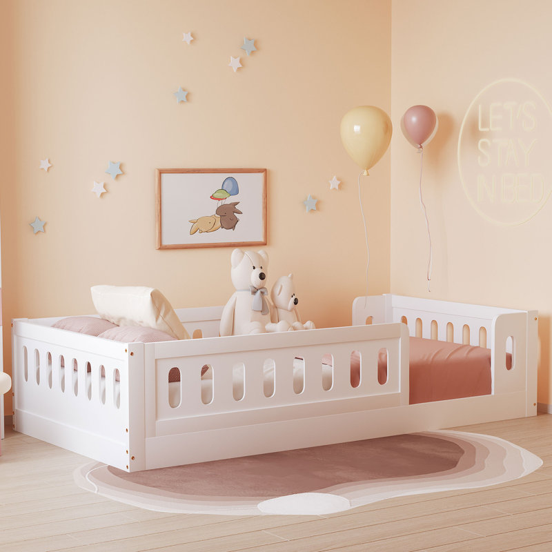 Wood Floor Bed with Semi-Enclosed Guardrails, White, Twin
