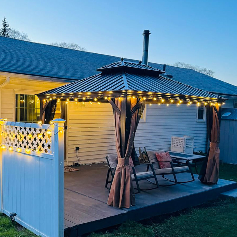 PURPLE LEAF Hardtop Gazebo 10' X 12' with Netting and Curtains Patio Gazebos with String Lights