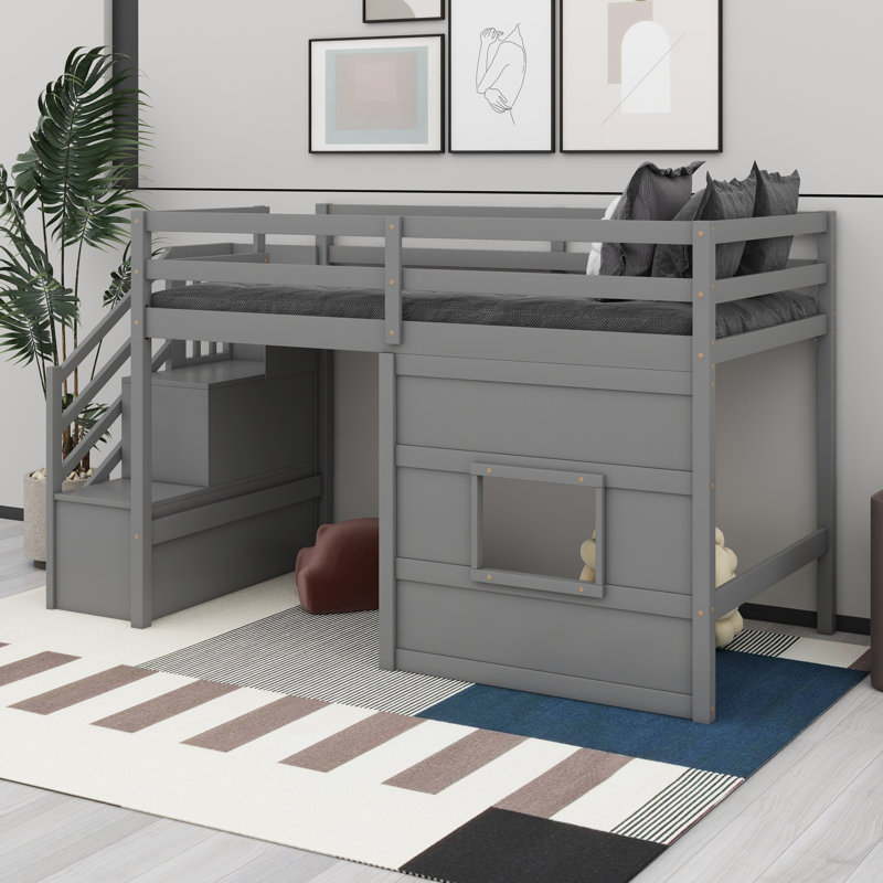 Space-Saving Designed Loft Bed With Storage Staircase And Window, Gray