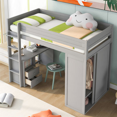 Lit mezzanine simple gris avec garde-robe, bureau et armoire