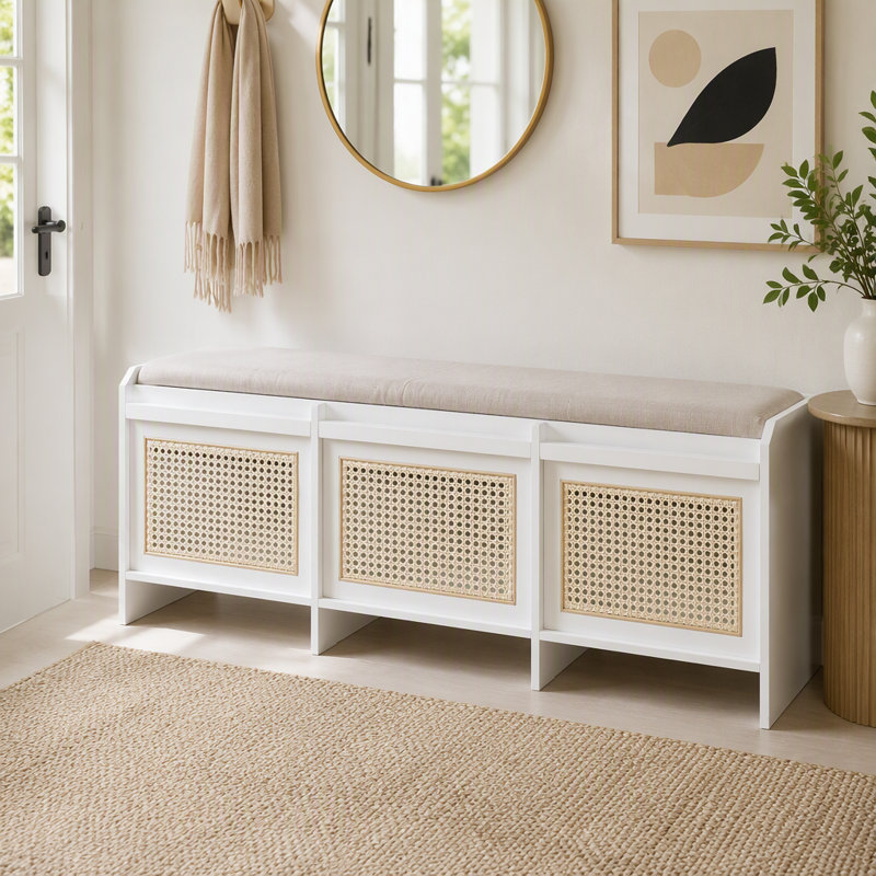 Banc de rangement pour chaussures 48 po, banc de rangement rétro avec tiroirs en rotin et coussin amovible capitonné, Blanc