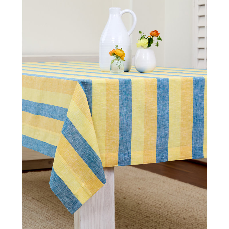 Cabana Stripe - 100% Pure Linen Tablecloth, Bright Summer Stripe, 132" x 60"