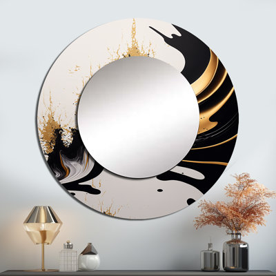Vague noire et dorée Simka - miroir mural décoratif abstrait, miroir rond noir, impression d'art en métal