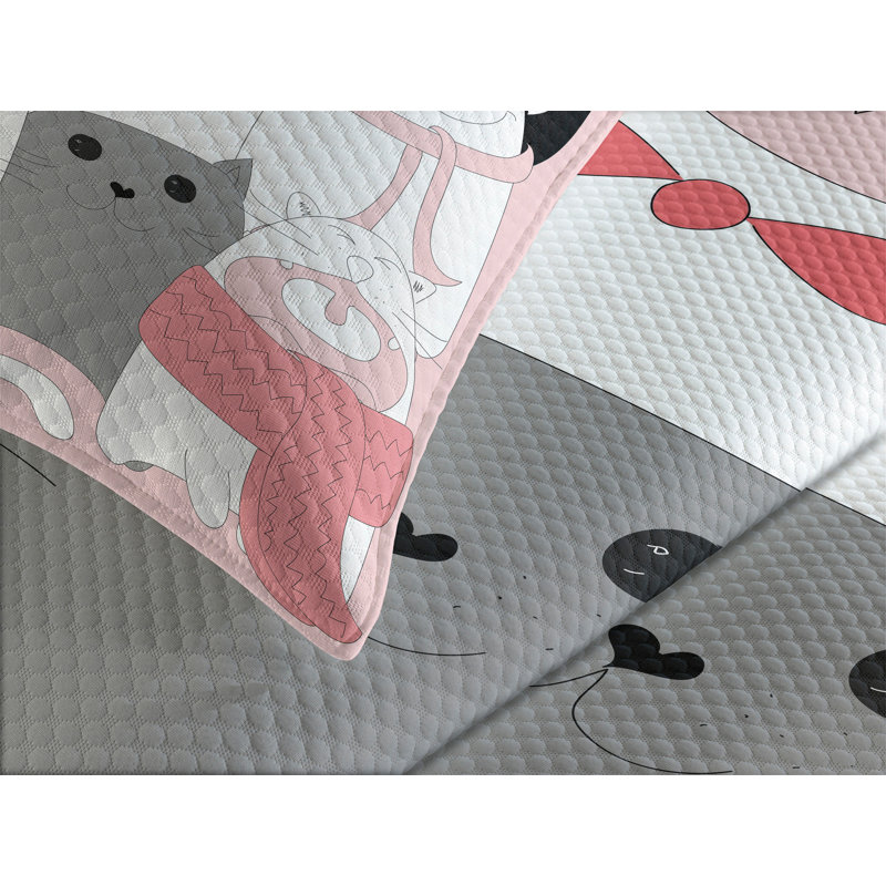 King White Quilted Bedspread Set with Cat Design
