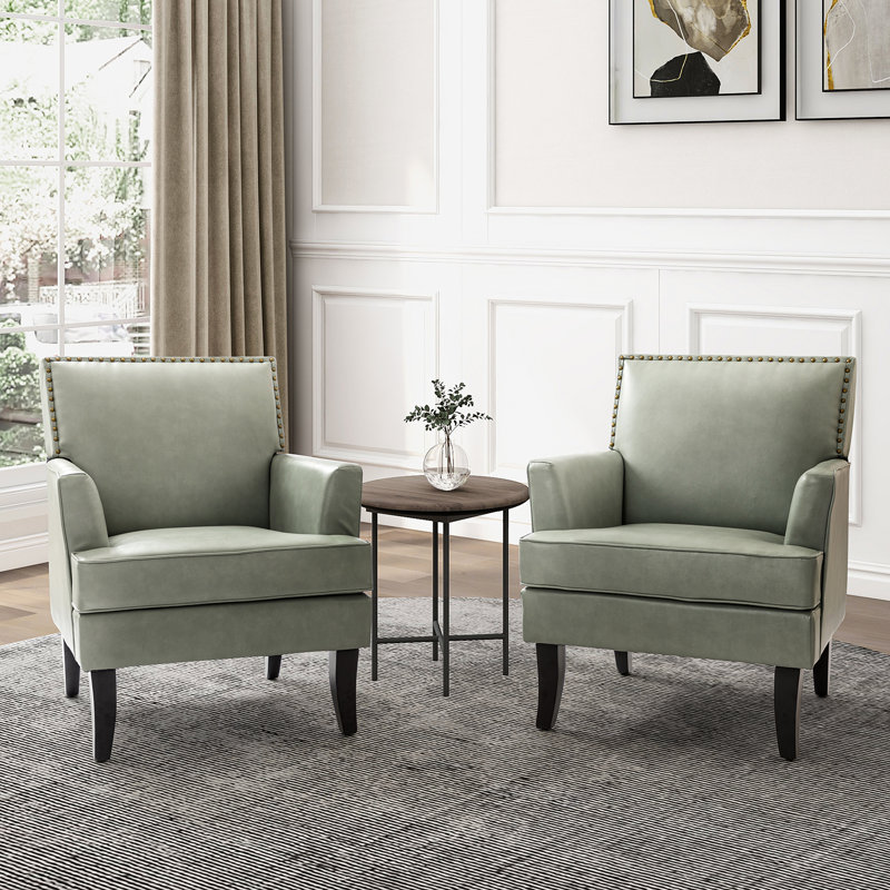 Celadon 27.5'' Wide Faux Leather Armchair with Nailhead Trim and Solid dWoo Legs Set Of 2, Sage Faux Leather