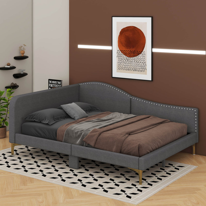Lit de jour rembourré avec accoudoirs et tête de lit, Lit double, Gris