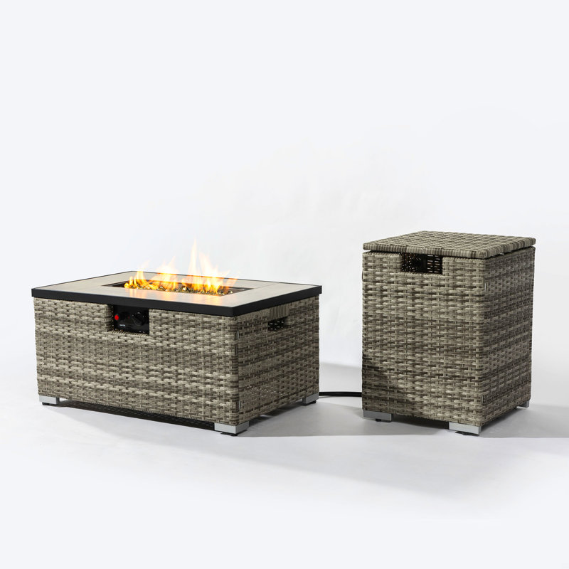 Propane Gas Fire Pit Table With Propane Tank Cover, 50000 BTU Rectangular Steel Fire Pit With Beautiful Wicker Base, Beige