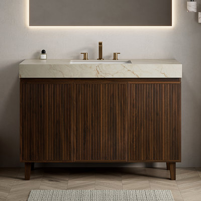 LULA 48" Bathroom Vanity&Sink,Freestanding Cabinet,Cream Gold Vein Sintered Stone Top&Ceramic Basin with 3 Pre-drilled Faucet Holes,Disassembled,NO Faucet and Drain Set, Walnut Woodgrain Color