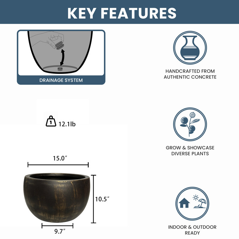 Pot à fleurs / pot rond en béton avec trous de drainage, Noir bronzé, H 11 po x l 15 po x P 15 po
