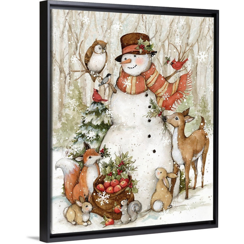 «Meadowbrook Woodland Snowman» par Susan Winget - peinture sur toile tendue, H 14 po x l 11 po, Toile tendue