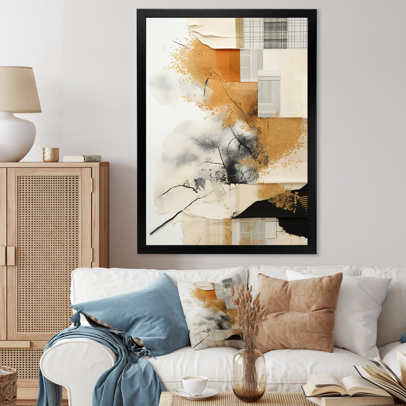 «Gray and Gold Sunset Collage V», art mural abstrait, Cadre simple noir, H 20 po x l 12 po x P 1 po