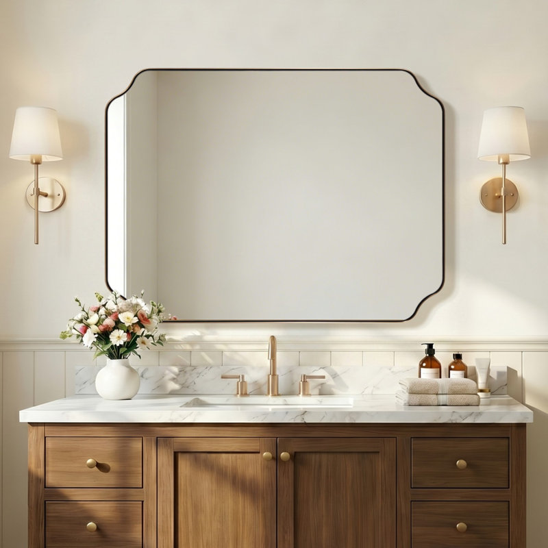 Modern Scalloped Corner Rectangle Bathroom Vanity Mirror | Stainless Steel Frame, 48" x 30", Champagne Bronze