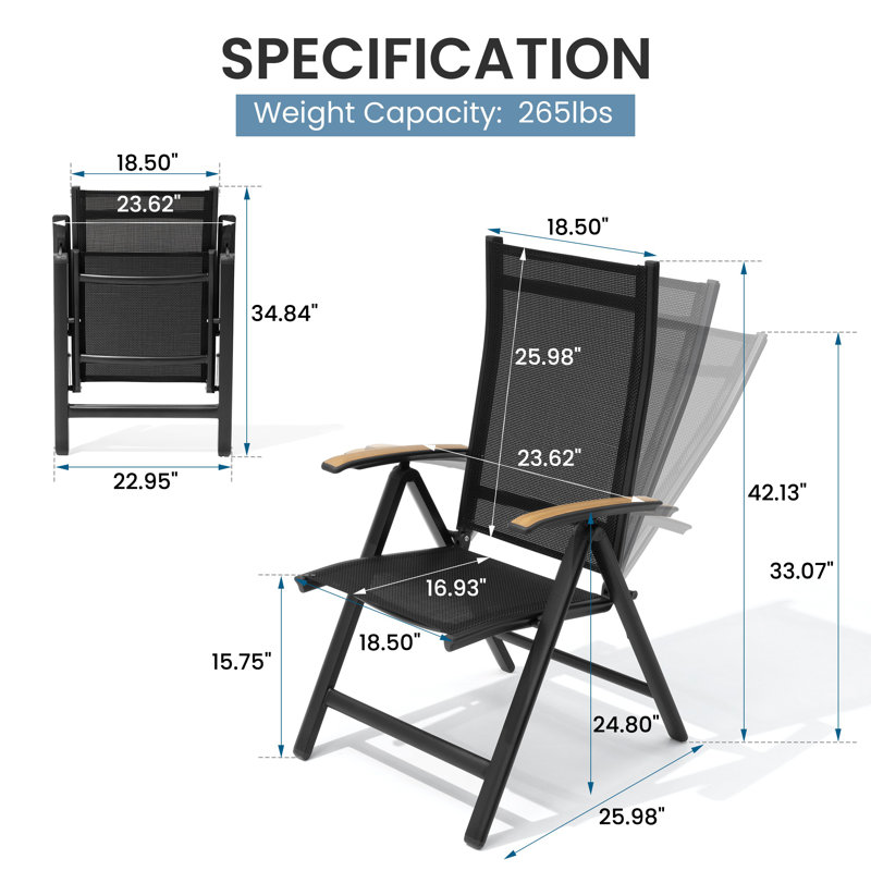 Fauteuil pliant d'extérieur réglable en aluminium, 8 Chairs, Noir