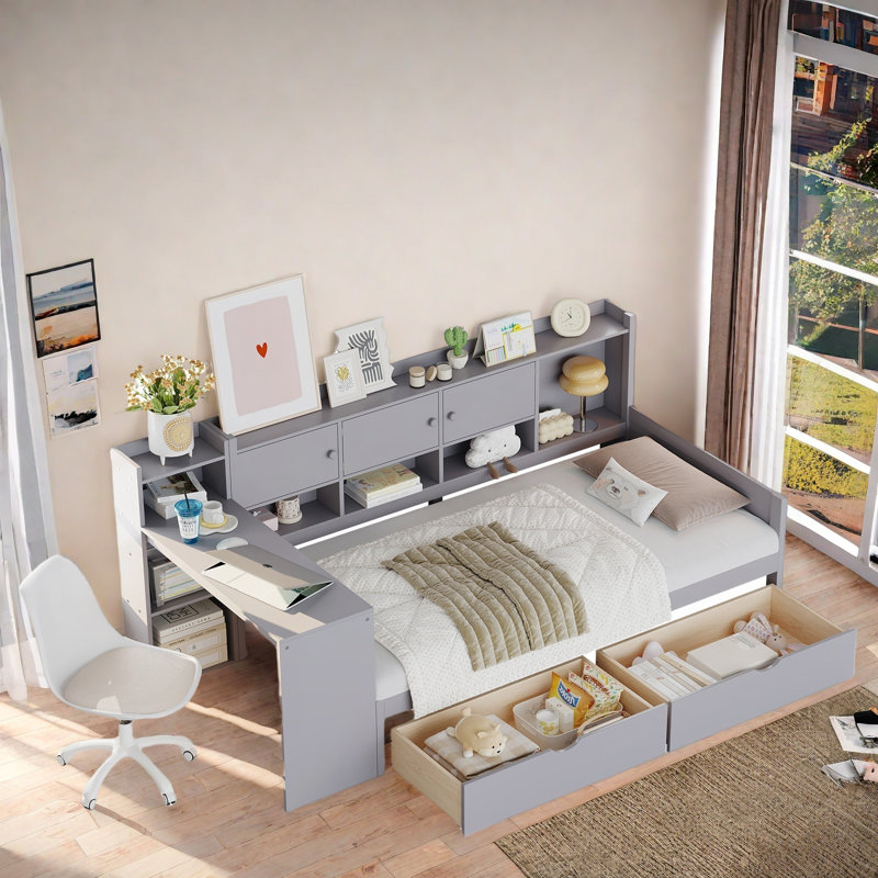 Wooden L-shape Daybed With 3 Cabinets And 2 Drawers, Study Desk And Built-in Bookshelf, Twin