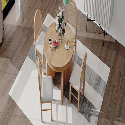 5-Piece Round Dining Table Set For 4 People, Retro  Dining Table Set With 4 Upholstered Chairs, Kitchen Table And Chairs Set, Extendable