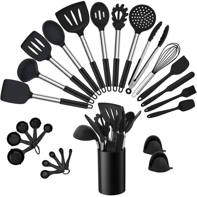 Ensemble 27 ustensiles de cuisine en silicone 27 pièces, ensemble d'ustensiles de cuisine en acier inoxydable, résistant à la chaleur antiadhésif, noir, ensemble d'ustensiles de cuisine en acier inoxydable, résistant à la chaleur antiadhésif, noir