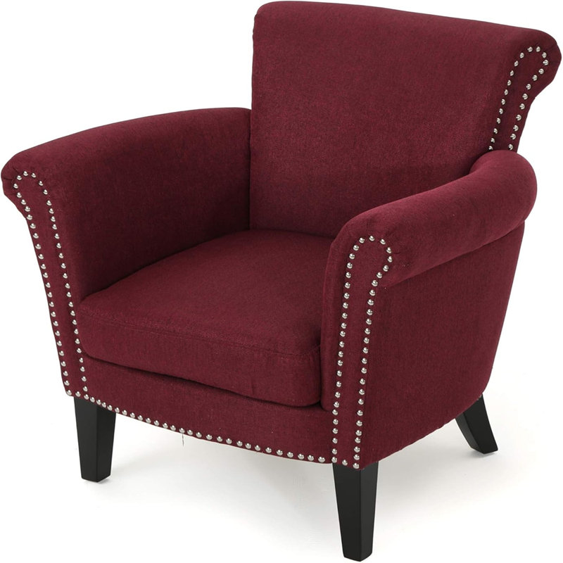 Fauteuil club à oreilles en tissu avec garniture cloutée, Bourgogne