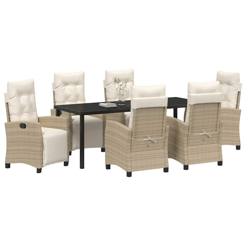  Ensemble de salle à manger de jardin avec coussin 7 pièces en rotin de polyester beige, Coussin beige / structure naturelle
