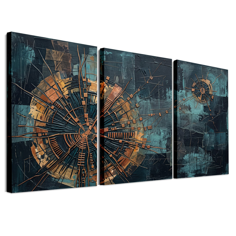 Cuivre et sarcelle, ensemble de 3 toiles géométriques abstraites, H 24 po x l 16 po x 3 pièces
