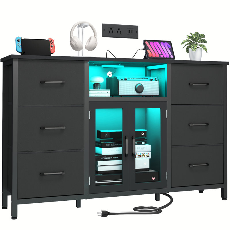 Dresser with Charging Station and LED Lights, Long Dresser for Bedroom Dresser TV Stand with 6 Drawers, Fabric Chest of Drawers with PU Finish, Dresser Storage Organizer