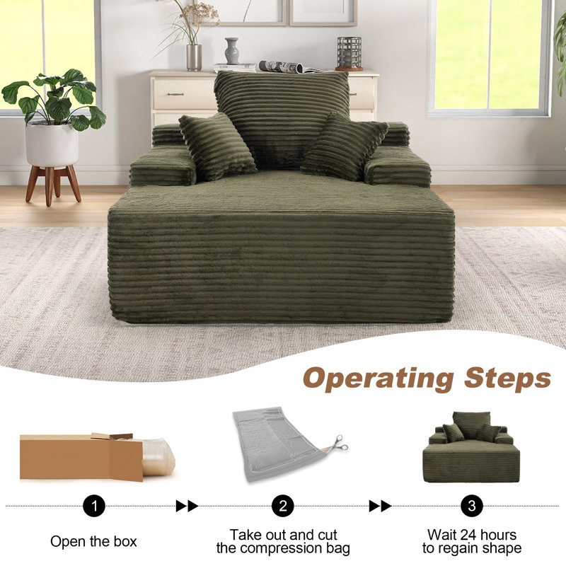  Chaise Lounge Sofa, Upholstered Corduroy Single Couch, Sleeper Sofa Bed With 3 Pillows, Single Couch For Living Room Or Bedroom , No Assembly Required