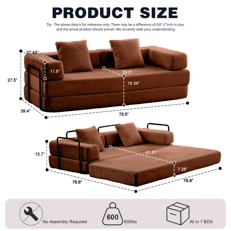 78.8" Upholstered Loveseat Convertible Sleeper Sofa Bed With 2 Pillows, Compression Sofa With Metal Frame and Folding Mattress Couch Removable Washable