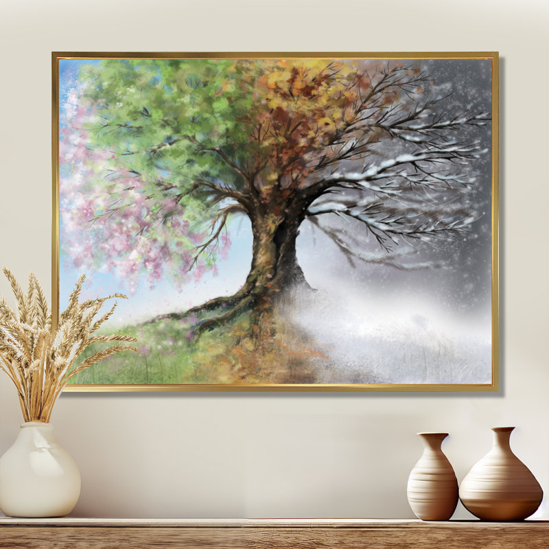 Arbre sur toile, impression de nature quatre saisons - Arbre avec quatre saisons, H 30 po x l 40 po, Impression encadrée
