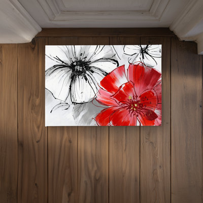 Red & White Flowers Sketch Door Mat - Floral Home Decor