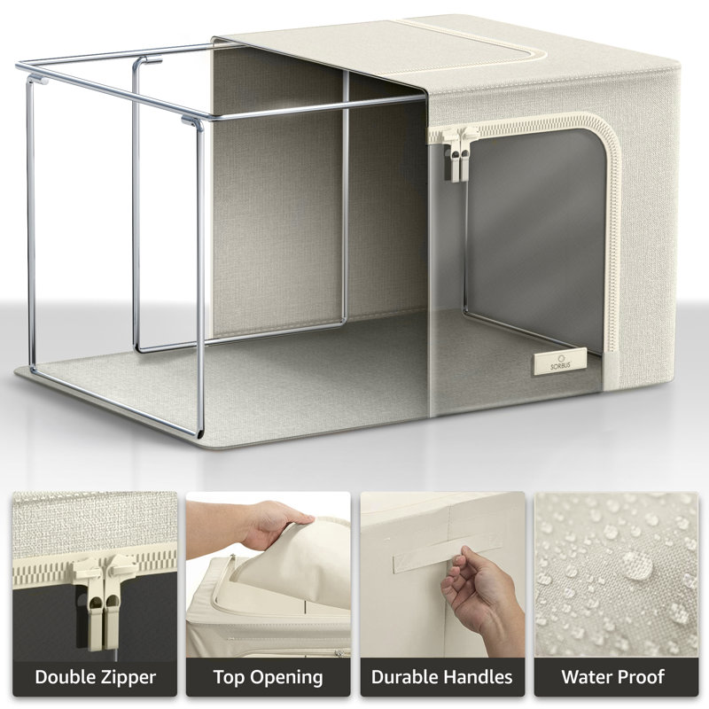 Sorbus Medium Storage Box with Window Label Holder & Handles 3 Pack, Beige