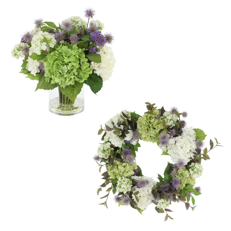 Arrangement floral couronne de printemps 22 po avec hortensias et chardon