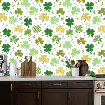 Papier peint adhésif autocollant à quatre feuilles vert botanique, vert, jaune, floral