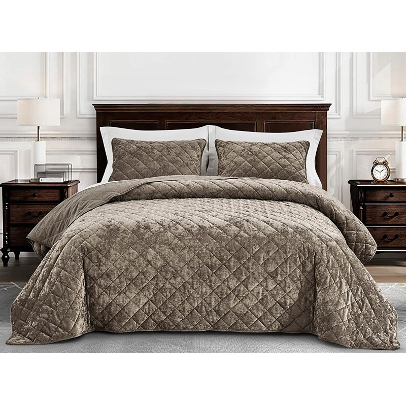 Diamond Stitch Reversible Plush Distressed Velvet Quilt Set, King Quilt + 2 King Shams, Taupe