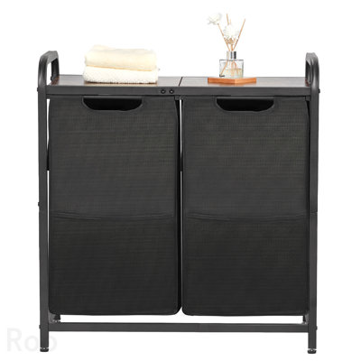 Bathroom Storage - 2 Section Laundry Sorter, Large Laundry Hamper With Metal Frame And Wooden Tabletop, Freestanding Storage Organizer Baskets With Pull-Out 600d Oxford Cloth Bags For Dirty Clothes, Bathroom