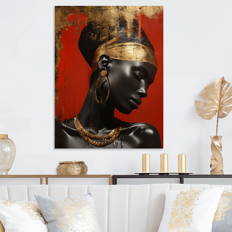 Diva afro-américaine dorée et rouge - art mural égyptien en métal, H 32 po x l 16 po x P 1 po