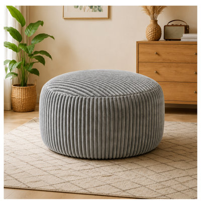 Pouf spacieux de 120 cm, en velours côtelé gris et mousse à mémoire de forme, style moderne.