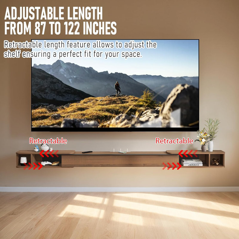 Meuble télé extensible en noyer flottant pour téléviseur de 85 po, console média en bois moderne avec rangement, centre de divertissement mural 