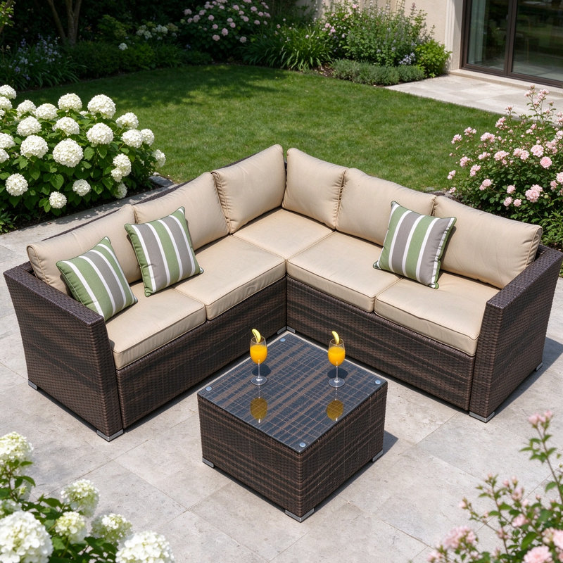 Ensemble de conversation modulaire avec coussins 4 pièces en rotin Messick, Jaune