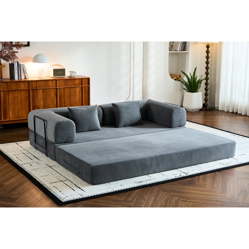 Lit convertible convertible en velours côtelé gris, cadre multifonctionnel à forme fixe 4 - 1, coussin cylindrique, plancher pour petits appartements, style décontracté avec fonction, revêtement en velours côtelé, cadre et salon
