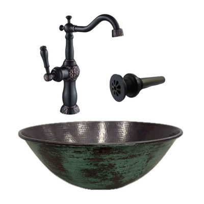 Lavabo vasque en cuivre rond de 14 po extérieur vieilli, robinet et drain inclus