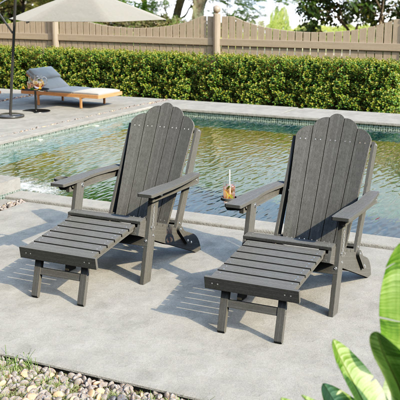  Folding Adirondack Chair with Retractable Ottoman, 3-Postion Adjustable Outdoor Chair, Easy Assembly & Ergonomic Back Support for Patio