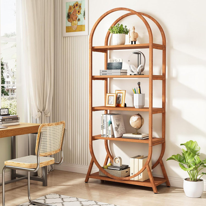 Bibliothèque ouverte moderne brune à 5 niveaux pour un rangement polyvalent et une présentation élégante dans différentes pièces