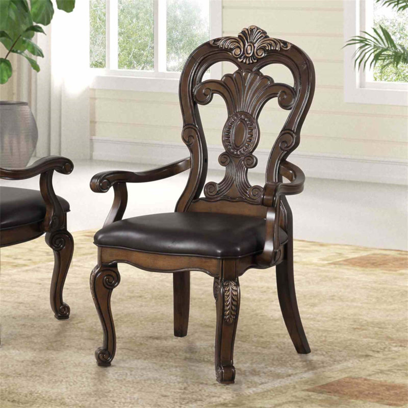 Fauteuil 2 pièces de style traditionnel avec corbeaux ornés et finition chêne / beige pour les salles à manger élégantes