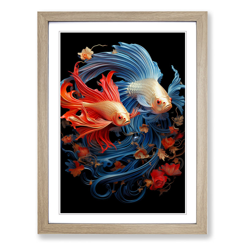 Siamese Fighting Fish Baroque - Single Picture Frame Print on Wood, 34cm H x 25cm W, Oak Framed