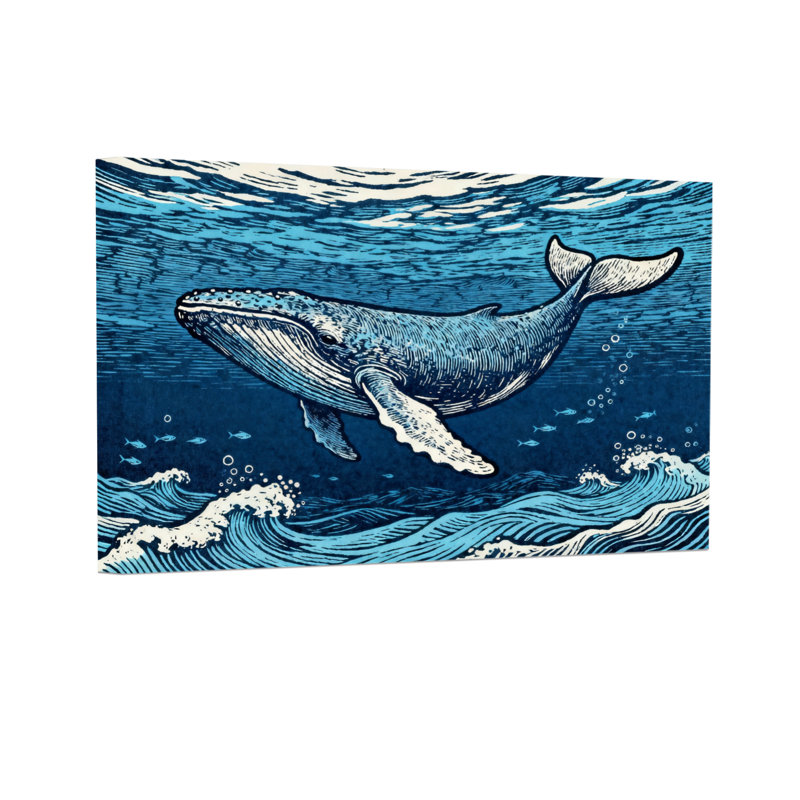 Animaux, baleine nageant dans un motif de vagues océaniques, H 32 po x l 48 po