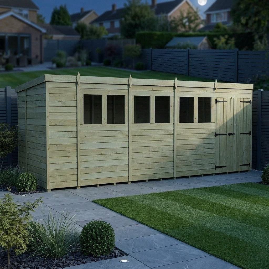 Total Sheds 18ft x 5ft Pent Garden Shed - Double Door - With Windows - Pressure Treated Timber - UK Manufactured