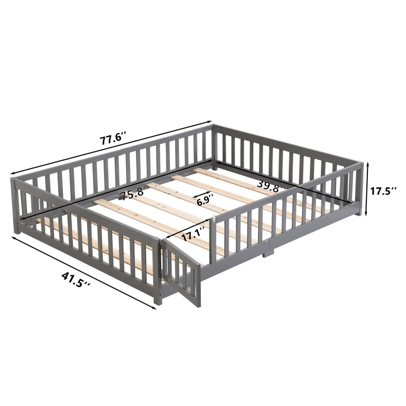Twin Size Floor Bed With Door,Solid Wood Platform Bed Frame With Fence,Suitable For Children,Pine Wood,Gray, Twin
