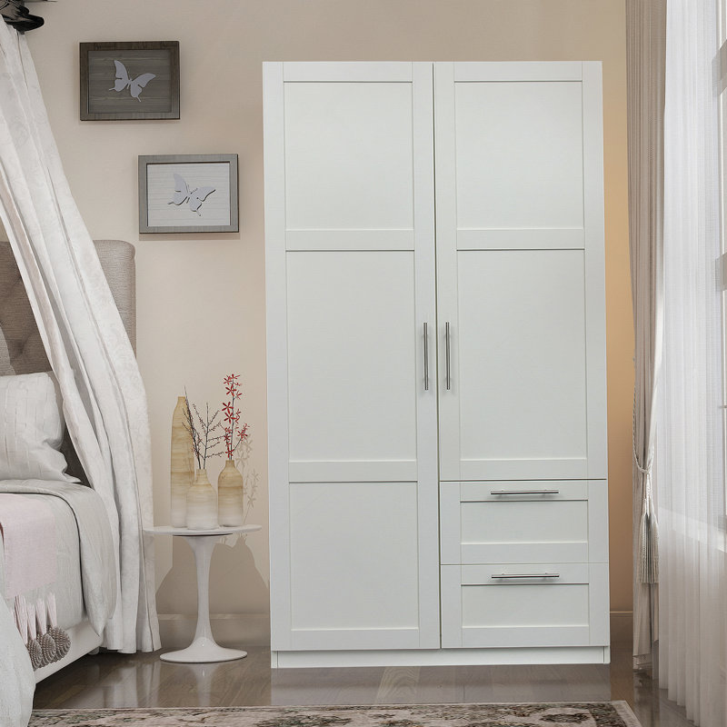 Armoire haute à 2 portes avec tiroirs et espaces, blanc